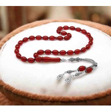 925 Ayar Gümüş Çift Püsküllü Arpa Kesim  Kırmızı Ateş Kehribar Tesbih