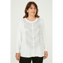 Anne Penye Bluz Beyaz-Siyah&gri Taş Detaylı