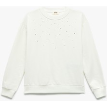 Taş Detaylı Uzun Kollu Bisiklet Yaka Şardonlu Pamuklu Sweatshirt