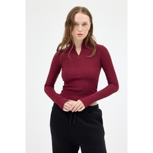 Bordo Yarım Balıkçı Yaka Fermuarlı Body 2447