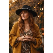 Bohem Dokunuşlu Şeritli Siyah Fedora Şapka