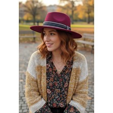 Bohem Dokunuşlu Şeritli Bordo Fedora Şapka