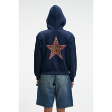 Grimelange YUMEA Kadın Oversize Kapüşonlu Baskılı Lacivert Sweatshirt