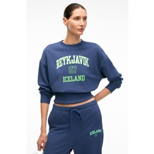 Grimelange SORELLIA Kadın Bisiklet Yaka Üzerine Oturan Beli Korseli Baskılı Regular Lacivert Sweatshirt