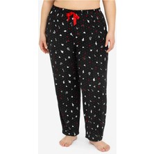 Büyük Beden Pijama Altı Siyah Desenli Yüksek Bel Uzun