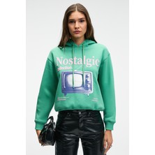 Grimelange SLOPANE Kadın Rahat Kesim Kapüşonlu Baskılı Yeşil Sweatshirt