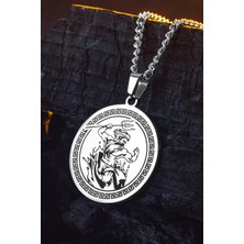 Çelik Erkek Kolye Poseidon Yunan Tanrısı Işlemeli Yuvarlak Plaka Paslanmaz Kararmaz Steel Aether