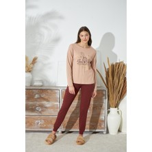 Kadın Bej Renk Uzun Kollu Bisiklet Yaka Puantiyeli Alt Pijama Takımı C2T3N351