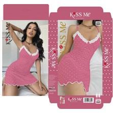 Kadın Fuşya Beyaz Kalp Desenli Askılı Dantel Detaylı Elbise 5069