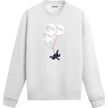Colermi Astronot ve Ay Balonu Uzay Tasarım Baskılı Unisex Sweatshirt