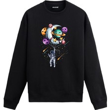 Colermi Astronot ve Gezegenler Balonlu Uzay Tasarım Baskılı Unisex Sweatshirt