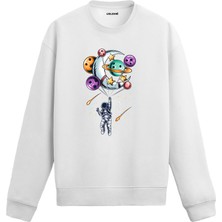Colermi Astronot ve Gezegenler Balonlu Uzay Tasarım Baskılı Unisex Sweatshirt