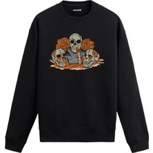 Colermi Üç Kafatası ve Gül Desenli Tasarım Baskılı Unisex Sweatshirt