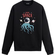 Colermi Astronot ve Ahtapot Figürlü Uzay Tasarım Baskılı Unisex Sweatshirt