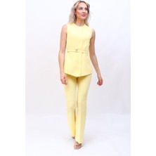 Sıfır Yaka Kemerli Yelek & Ispanyol Paça Pantolon-Sarı