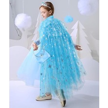 Karlar Ülkesi Elsa Frozen Mavi Pelerin 80 cm Kar Desenli Çocuk Pelerini Taç Hariç