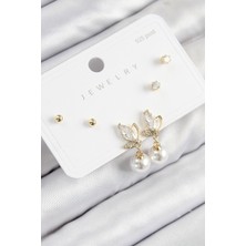 Pirinç Zirkon Taşlı Inci Sallantılı Damla Model Gold Renk 925 Ayar Gümüş Çivi Kadın Küpe Set - TJ-BKP11184