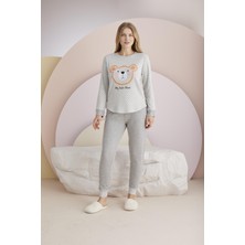 Kadın Gri Renk Uzun Kollu Çizgili-Puantiyeli Ayıcık Baskılı Pijama Takımı C1T3N031