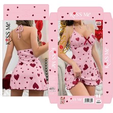 Kadın Pembe Kırmızı Kalp Desenli Askılı Sırt Dekolteli Elbise 5064