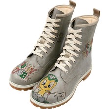 Kadın Vegan Deri Gri Uzun Bot - Warner Bros Tweety Looney Tunes Ski Club Tasarım