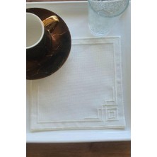 Köşe Nakışlı Keten Kare Bardak Altlığı Seti 6 Lı Krem