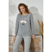 Kadın Gri Renk Pauntiyeli Uzun Kollu Baskılı Bisiklet Yaka Pijama Takımı C0T8N051