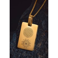 Yantrax Altın Kaplama Çelik Erkek Kolye Sri Yantra ve Kubera Yantra Sembolü Kararmaz Paslanmaz