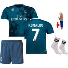 Cristiano Ronaldo Real Madrid Turkuaz 2018 Şampiyonlar Ligi Çocuk Forma Takımı 4 Parça Forma Şort Çorap Bileklik Hediye
