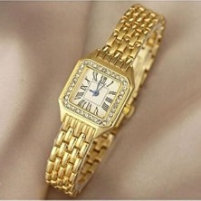 İstliv Kadın Çelik Kasa Zirkon Taşlı Analog Kol Saati Altın Renk Metal Kordon 3 ATM Suya Dayanıklı