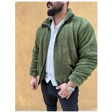 Erkek Haki Yeşil Oversize Fermuarlı Peluş Mont