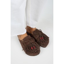 Manijero Malinda Kadın Hakiki Deri Püsküllü Boncuk Detaylı Sabo Kahve Terlik