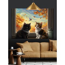 Güneşli Pencere Önünde Oturan Kediler Dekoratif Kanvas - Mdf Ahşap Tablo