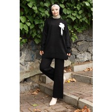 Triko Çiçek Detaylı Tunik Pantolon Ikili Takım 1028-03 Siyah