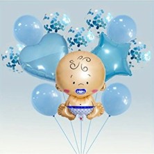 Cansın Cinsiyet Bebek Balon Seti Mavi Erkek 12 Adet Renkli Balonlar ve Kalp Yıldız Şeklinde