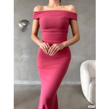 Moda Feminen Madonna Yaka Balık Model Krep Kumaş Uzun Elbise 582774 Gulkurusu