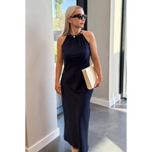 Saten Bisiklet Yaka Uzun Kadın Siyah Elbise