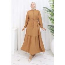 Sefa Merve Beli Bağcıklı Yarım Düğmeli Elbise 0182-04 Taba