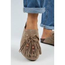 Manijero Malinda Kadın Hakiki Deri Püsküllü Boncuk Detaylı Sabo Vizon Terlik