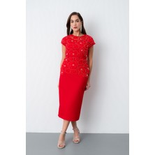 Kadın Kırmızı Dantelli Midi Abiye Elbise