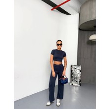 Evyora Osy Modal Yumuşak Dokulu Kumaş Kısa Kollu Crop Alt Ispanyol Paça Pantalon Ikili Takım - Füme