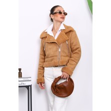 Camel Peluş Kısa Süet Mont