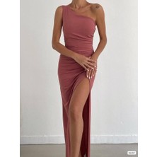Moda Feminen Scuba Kumaş Yırtmaç Detaylı Elbise 582597 Gülkurusu
