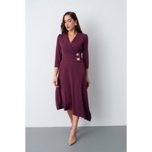 Kadın Mürdüm Kemer Detay Saten Davet Elbisesi