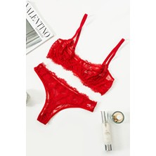 La Linaa Anna Kırmızı Dantel Kapsız Sütyen ve Külot Takım 2 Parça Düz Desenli Kadın İç Giyim