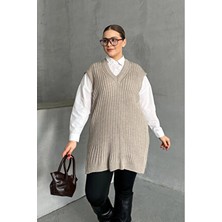 Stil Diva V Yaka Kısa Kollu Triko Süveter Büyük Beden Ribana Dokulu Bej Renk