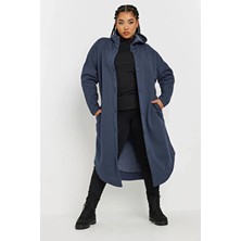 Stil Diva Büyük Beden Kadın Kapüşonlu Cepli Uzun Ceket Düğme Kapamalı Rahat Dokuma Kumaş