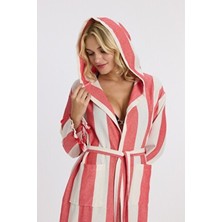Mulberry Peştemal Bornoz Kadınlar İçin Pamuklu Kapüşonlu Kırmızı Çizgili Tasarım