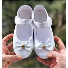 Kız Çocuk Babet Cırt Cırtlı Gümüş Fiyonklu Detaylı Kaydrımaz Hafif Taban Babet Beyaz