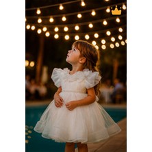 2-8 Yaş Gül Yakalı Grenli Kabarık Tül Kız Bebek Çocuk Abiye Elbise Bayramlık Gelinlik Ekru 3502