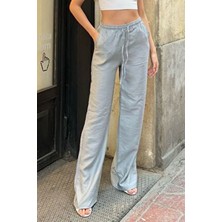 Gri Keten Karışımlı Bol Kesim Pantolon